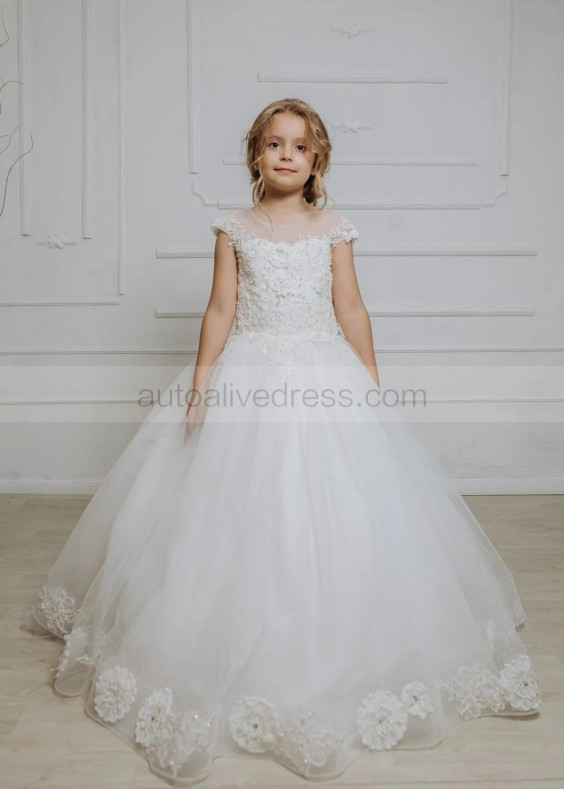 Cap Sleeves Beaded Ivory Lace Tulle Flower Girl Dress